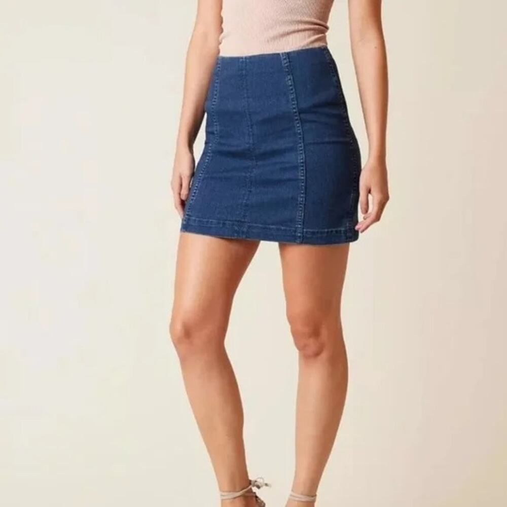 Free People Blue Dark Wash Denim Modern Femme Fitted Boho Mini Skirt 10